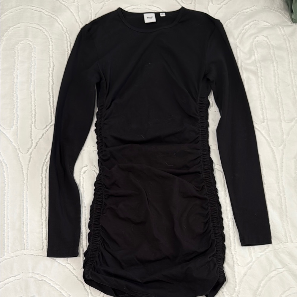 Aritzia TNA Black Ruched Bodycon Dress - Elegant, Size XS
